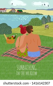 Cute flat vector vertical illustration with a guy and a girl,sunbathing on the nature. Couple sitting on the bedspread, dog and foodbasket on a picnic against the background of the rural landscape.