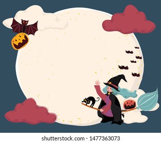 cute flat vector a witch ride a magic bloom, flying over the full moon with cat and bat, copy space for text, note, banner, background printable