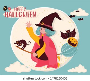 cute flat vector a witch ride a magic bloom, flying over the full moon with cat and bat, idea for banner, background printable