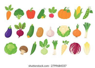 Cute flat vegetable collection, isolated clipart set for healthy food and garden design.