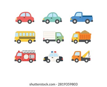 Cute Flat Vehicle Collection Set with Car, Truck, Bus, Ambulance, Fire Truck and Tow Truck Isolated on White Background