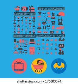 cute flat website design, furniture, children, travel, clothes icons set, vector