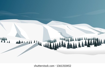 Cute flat winter landscape with mountain, forest and clouds illustration. Ideal for web, card poster cover invitation, brochure. Simple Minimalism. Vector