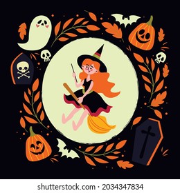 cute flat witch with halloween ornament design, witch illustration template vector
