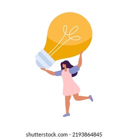Cute flat woman holding bulb over her head. She has cool idea. Vector people have business idea or something. The concept of innovation, solution and creativity illustration.