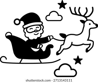 Una linda Ilustración vectorial de línea plana de Santa Claus montando un trineo tirado por un reno. Diseñado en un estilo navideño limpio y minimalista, este ícono de Navidades es perfecto para los gráficos de temporada