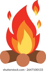 A cute flat-style campfire illustration with bright flames and wooden logs. Ideal for camping graphics, outdoor activities, adventure content, survival themes, and cozy camp visuals.