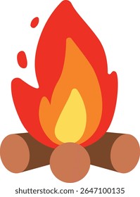 A cute flat-style campfire illustration with bright flames and wooden logs. Ideal for camping graphics, outdoor activities, adventure content, survival themes, and cozy camp visuals.