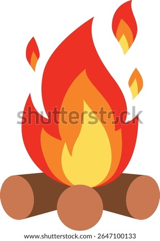 A cute flat-style campfire illustration with bright flames and wooden logs. Ideal for camping graphics, outdoor activities, adventure content, survival themes, and cozy camp visuals.