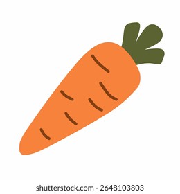 Cute flat-style carrot illustration in cozy vibrant colors, ideal for vegetable icons, organic food themes, garden harvest, and healthy lifestyle visuals.