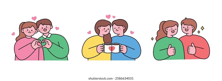 Cute flat-style illustration of happy couples showing love and friendship. Romantic couple making a heart with hands, sharing coffee, and giving thumbs up. Perfect for Valentine's Day, love, and frien