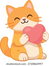 Una linda ilustración de estilo plano de un gato naranja sonriente sosteniendo un corazón rosa, expresando amor y afecto