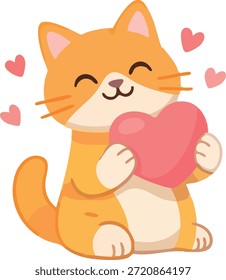 Uma ilustração de estilo plano bonito de um gato de desenho animado laranja sorridente segurando um coração rosa, cercado por pequenos corações flutuantes