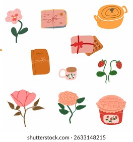 Cute flat-style illustrations of flowers, gifts, a book, a cup, strawberries, a pie, a cooking pot, and a waffle, all in warm, soft colors with a cozy aesthetic.