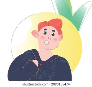 Cute flatt illustration of a redheaded guy in front of an orange.