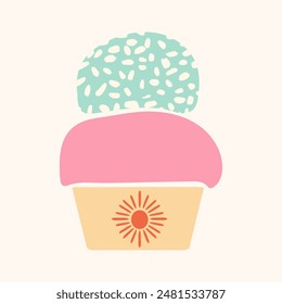 Cute flavored ice-cream in paper cup. Summer Italian dessert hand drawn vector illustration. Strawberry and mint with confectionery topping gelato balls. Modern flat card, icon, print design