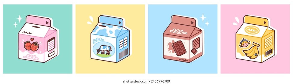 Cute flavored milk cartons. Flavors include banana, strawberry and chocolate. Vector illustration of sweet dairy drink for kids. Colorful flat style.