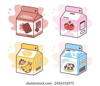 Bonitas cajas de leche con sabor. Ilustración vectorial de plátano, fresa y bebidas de chocolate para los niños. Bebida láctea dulce en envases coloridos. Elementos aislados sobre fondo blanco. 