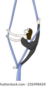 Una chica hábil y flexible realiza un truco de fractura en sedas aéreas. Gimnasia aérea, ilustración portadora plana. Circo, rendimiento de la competencia o formación. Arte de yoga volador.