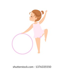 Cute Flexible Little Ballerina Doing Exercise with Hoop, Girl Gymnast Character Training Vector Illustration