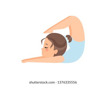 Cute Flexible Little Ballerina Doing Exercise, Girl Gymnast Character Training in Light Blue Leotard Vector Illustration