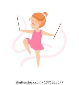 Cute Flexible Little Ballerina Doing Exercise with Ribbons, Girl Gymnast Character Training Vector Illustration