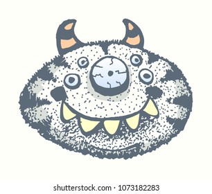 Cute fliffy monster with big eye and smile in vintage colors