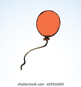 Cute flight orange ball isolated on white sky backdrop. Bright red color hand drawn picture sketch in art retro scribble style. View close up with space for text