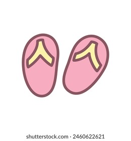 Cute flip flops icon. Hand drawn illustration of a summer slippers isolated on a white background. Kawaii sticker. Vector 10 EPS.