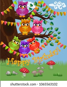 A cute flirtatious owl sits on a tree decorated with garlands, balloons, a postcard, a cartoon children's style, spring. Inscription Happy Birthday