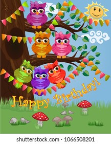 A cute flirtatious owl sits on a tree decorated with garlands, balloons, a postcard, a cartoon children's style, spring. Inscription Happy Birthday