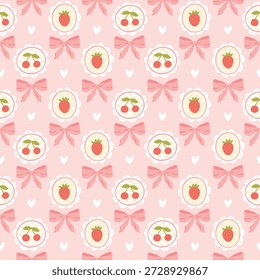 Cute flirty girly seamless pattern with strawberry, cherry and pink bows. Stylish doodle background for nursery textiles, gift packaging and fabric. Modern minimalist sweet design with white hearts