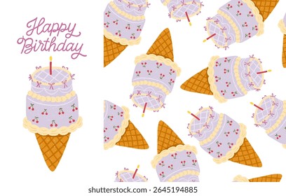Cute flirty vector set with hand-drawn birthday cake cone and seamless pattern. Pastel lavender bento style with cherries, bows and candle. Perfect for cards, party decor, packaging and printables