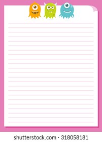 Cute floating aliens hovering at the top of a piece of colorful stationery. 