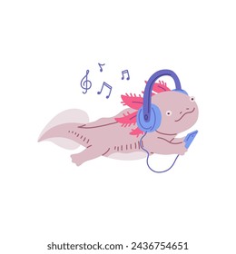 Cute floating Axolotl with headphones and audio player vector illustration. Amphibian reptile listening music. Salamander marine friendly monster isolated. Cartoon happy aquatic little creature