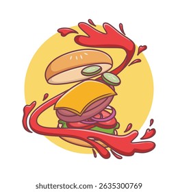 Ilustração de vetor de hambúrguer de carne de boi flutuante bonito