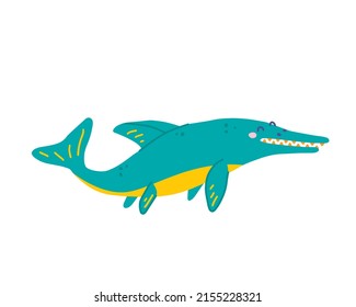Cute floating dinosaur Ichthyosaurus, vector flat illustration in hand drawn style on white background