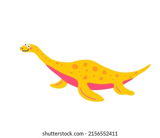 Cute floating dinosaur Plesiosaur, vector flat illustration in hand drawn style on white background