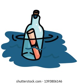 Cute floating message in a bottle cartoon vector illustration motif set. Hand drawn isolated castaway note elements clipart for seafaring blog, parchment graphic, discovery web buttons.