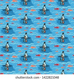 Cute floating message in a bottle with fish cartoon seamless vector pattern. Hand drawn  castaway note tile. All over print for nautical blog, parchment graphic, ocean home decor.