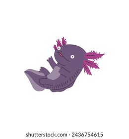 Cute floating purple Axolotl with paws vector illustration. Small amphibian reptile cartoon character. Salamander marine friendly monster isolated on white. Happy aquatic little creature icon