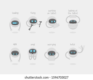 Cute floating round robot mascot for website messages. Error, 404, working character, emotions.