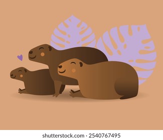 Rebanho bonito de capibaras com folhas, ilustração de stock de vetor plano com capibaras juntos