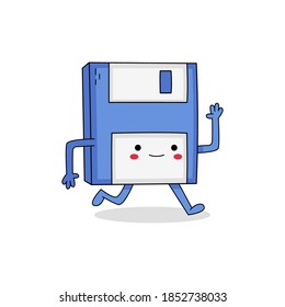 Cute floppy disk cartoon character running away