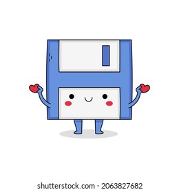 Cute floppy disk cartoon character spreading love