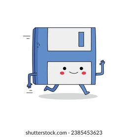 Cute floppy disk cartoon character running away