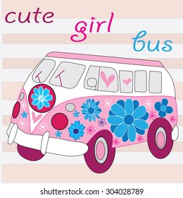 cute flora girl bus vector illustration