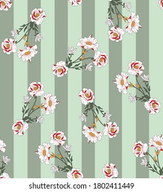 Cute floral all over vector flowers pattern on green background