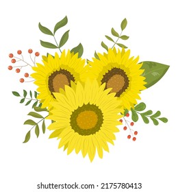 Cute floral arrangement with bright sunflowers, leaves, branches, and berries. Bright bouquet vector illustration. Isolated on white background. Design for invitation card, banner