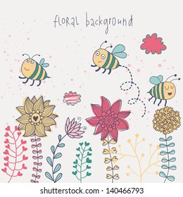 Cute floral background with bees and clouds. Vector retro banner with flowers and place for text